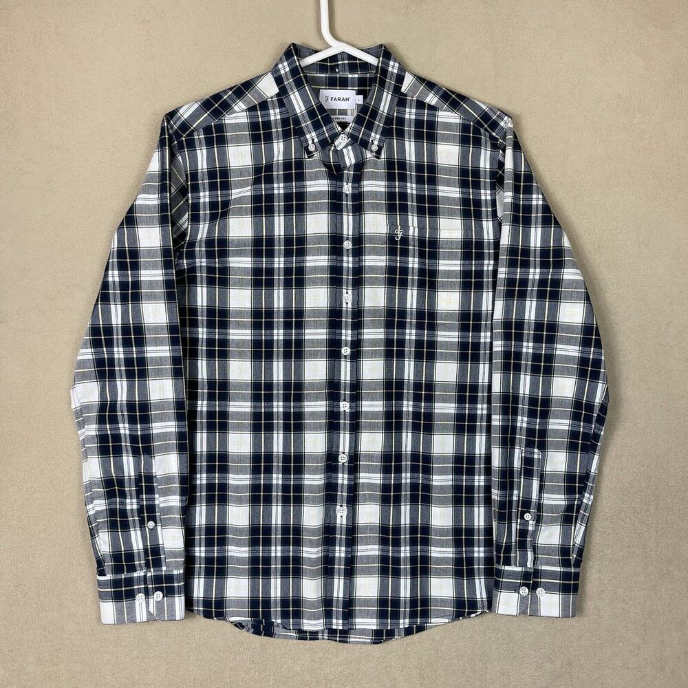 Farah Shirt Mens Large‎ Blue Plaid Button Up Casual Preppy Adult